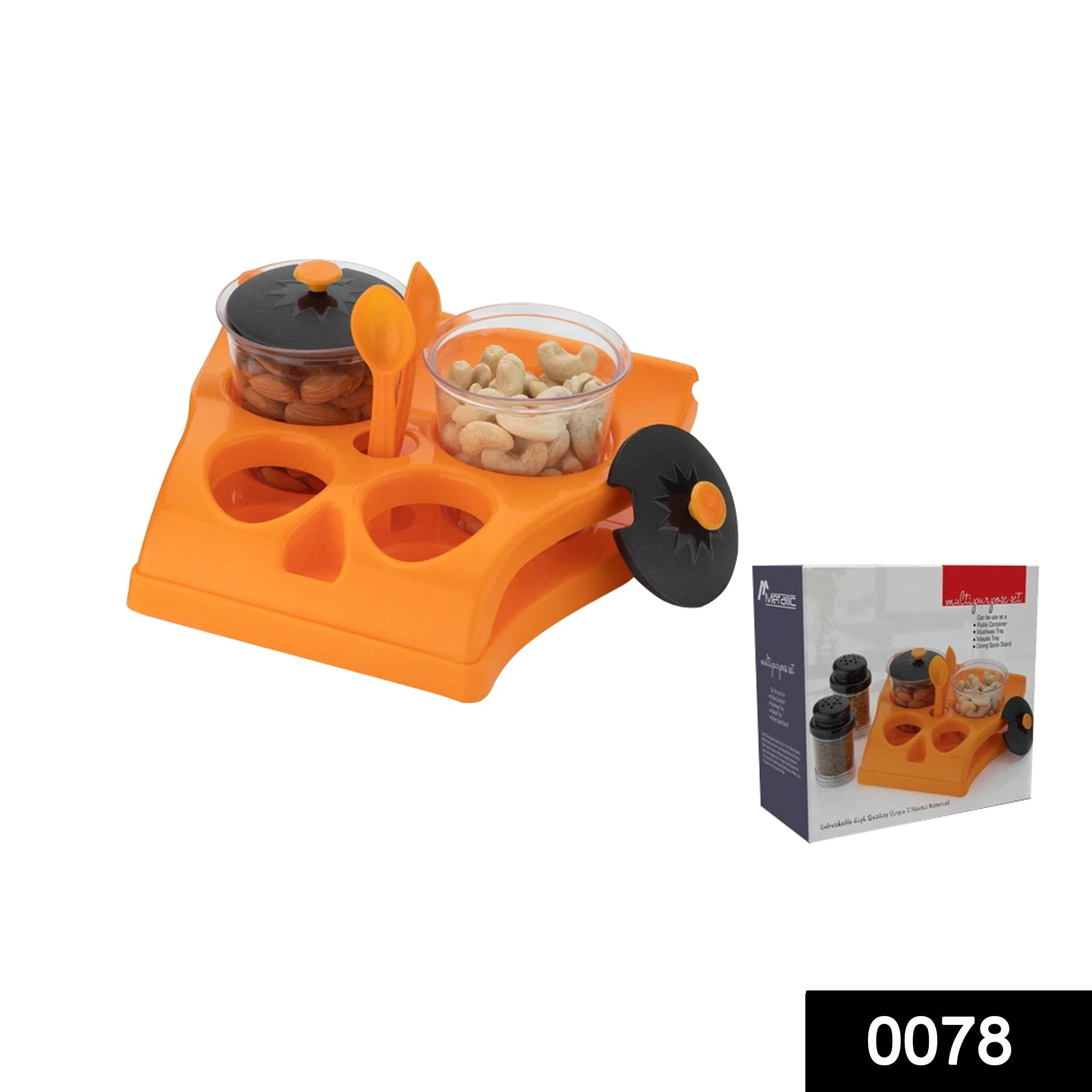 0078 Plastic Aachar Pickle Container/Chutney/Mukhwas Tray/Masala Tray/Dining Spice Stand (Set of 4 Jar, 2 Spoon, 1 Tray,) - SkyShopy 0078 Plastic Aachar Pickle Container/Chutney/Mukhwas Tray/Masala Tray/Dining Spice Stand (Set of 4 Jar, 2 Spoon, 1 Tray,) - SkyShopy